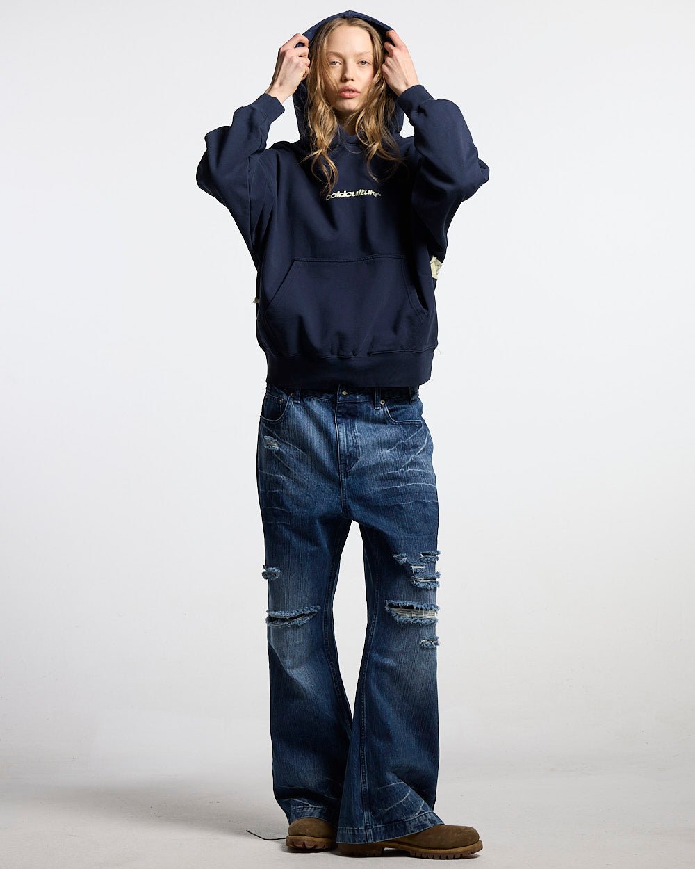 DISTRESSED DEFENSE HOODIE NAVY - Cold Culture