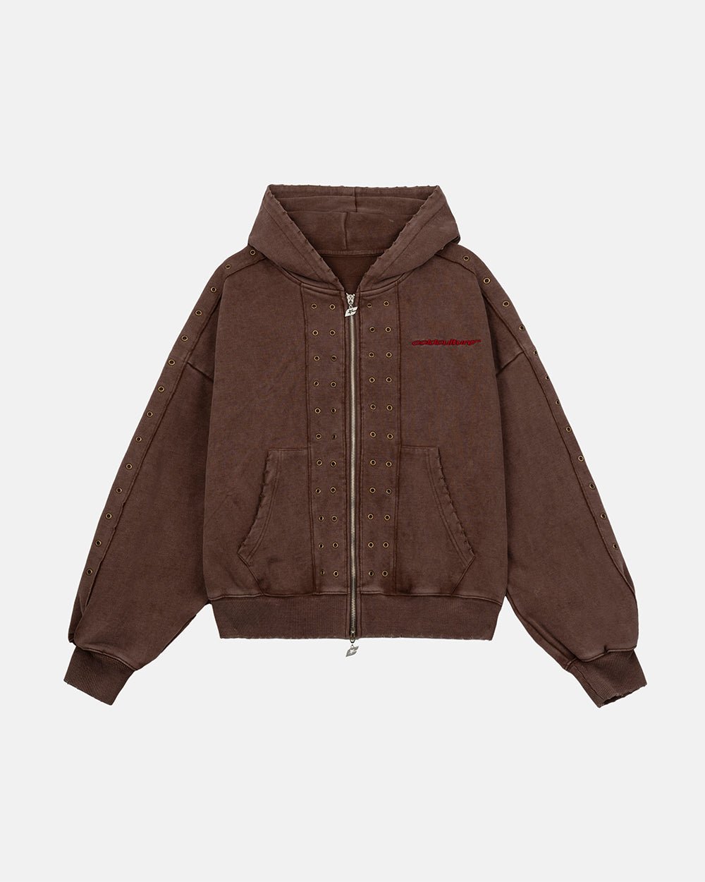 EYELET ZIP HOODIE BROWN - Cold Culture