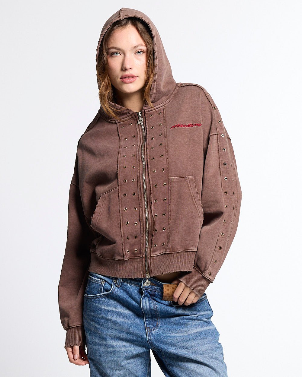 EYELET ZIP HOODIE BROWN - Cold Culture