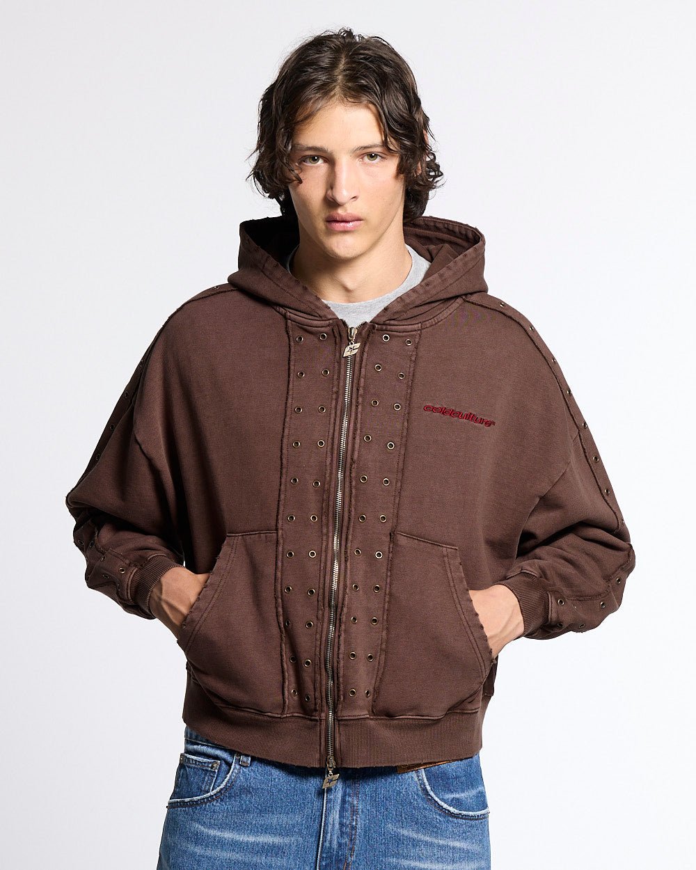 EYELET ZIP HOODIE BROWN - Cold Culture