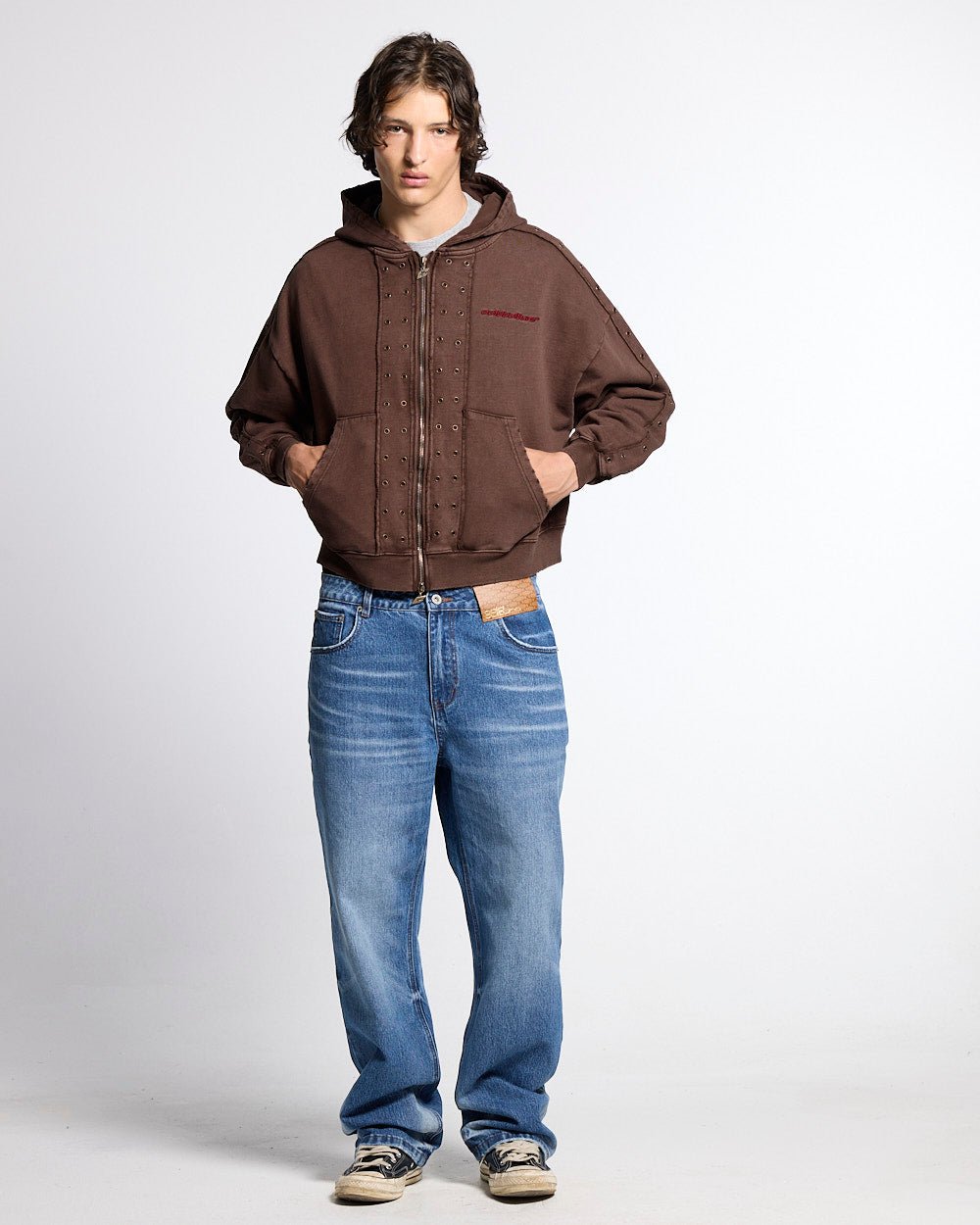 EYELET ZIP HOODIE BROWN