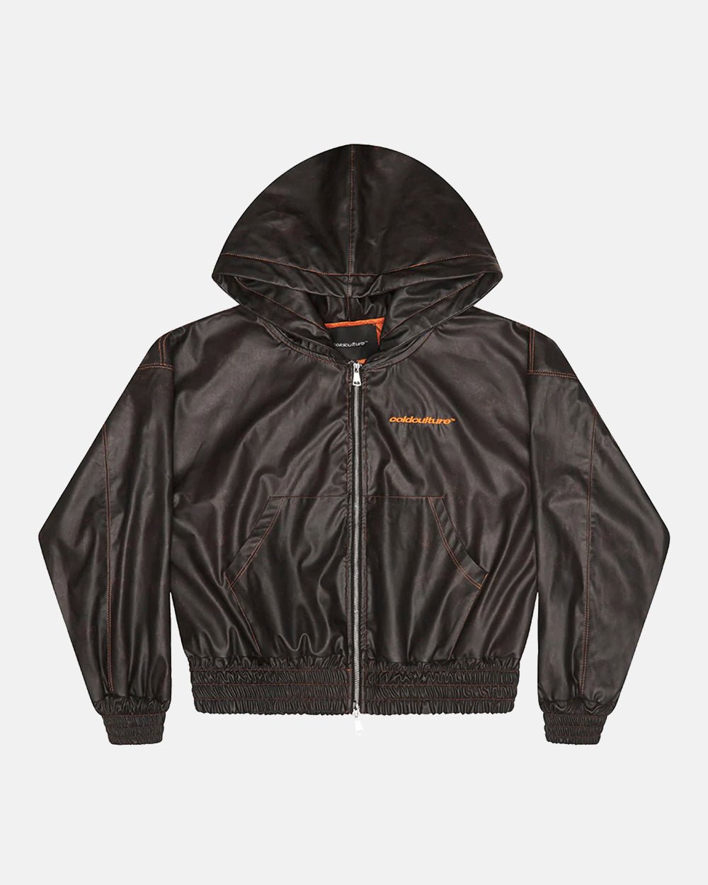 FAUX LEATHER ZIP HOODIE BROWN - Cold Culture