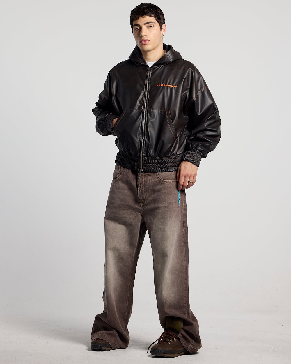 FAUX LEATHER ZIP HOODIE BROWN