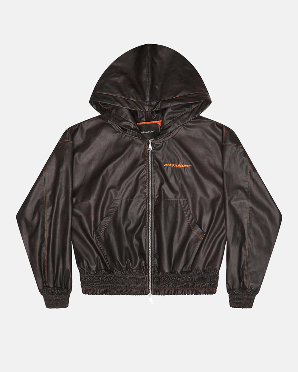 FAUX LEATHER ZIP HOODIE BROWN - Cold Culture