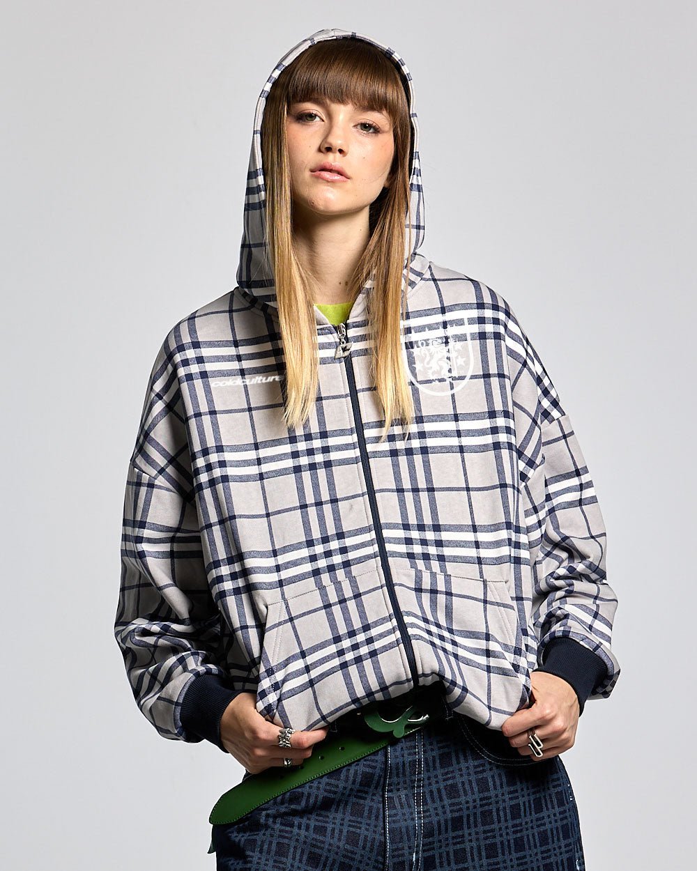 GRID ZIP HOODIE TARTAN DARK BLUE/GREY - COLD CULTURE