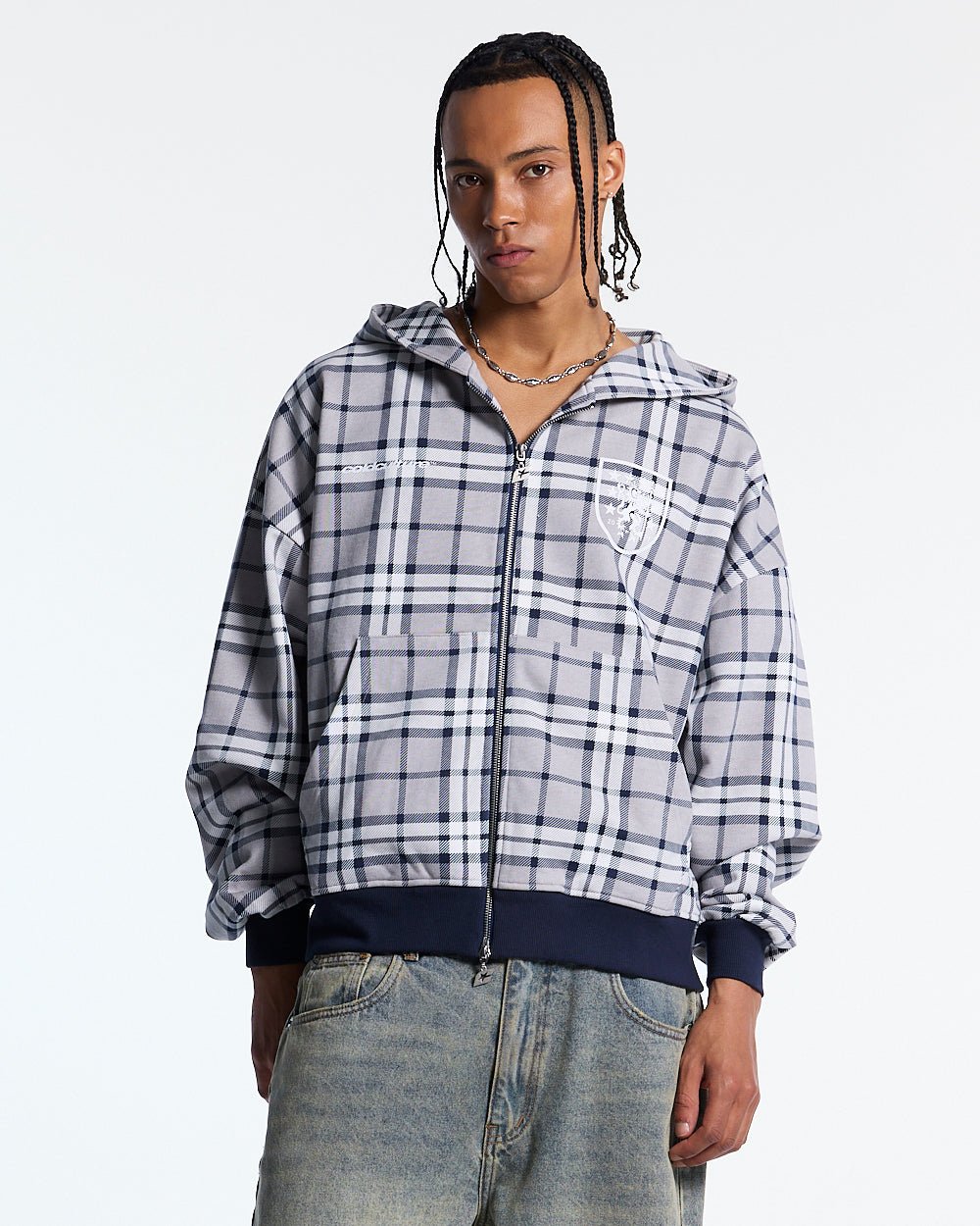GRID ZIP HOODIE TARTAN DARK BLUE/GREY - Cold Culture