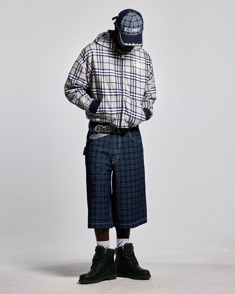 GRID ZIP HOODIE TARTAN DARK BLUE/GREY - COLD CULTURE