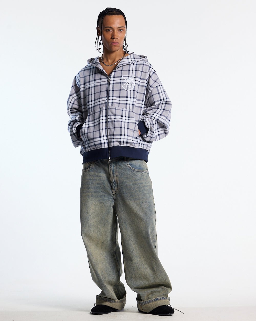 GRID ZIP HOODIE TARTAN DARK BLUE/GREY - Cold Culture