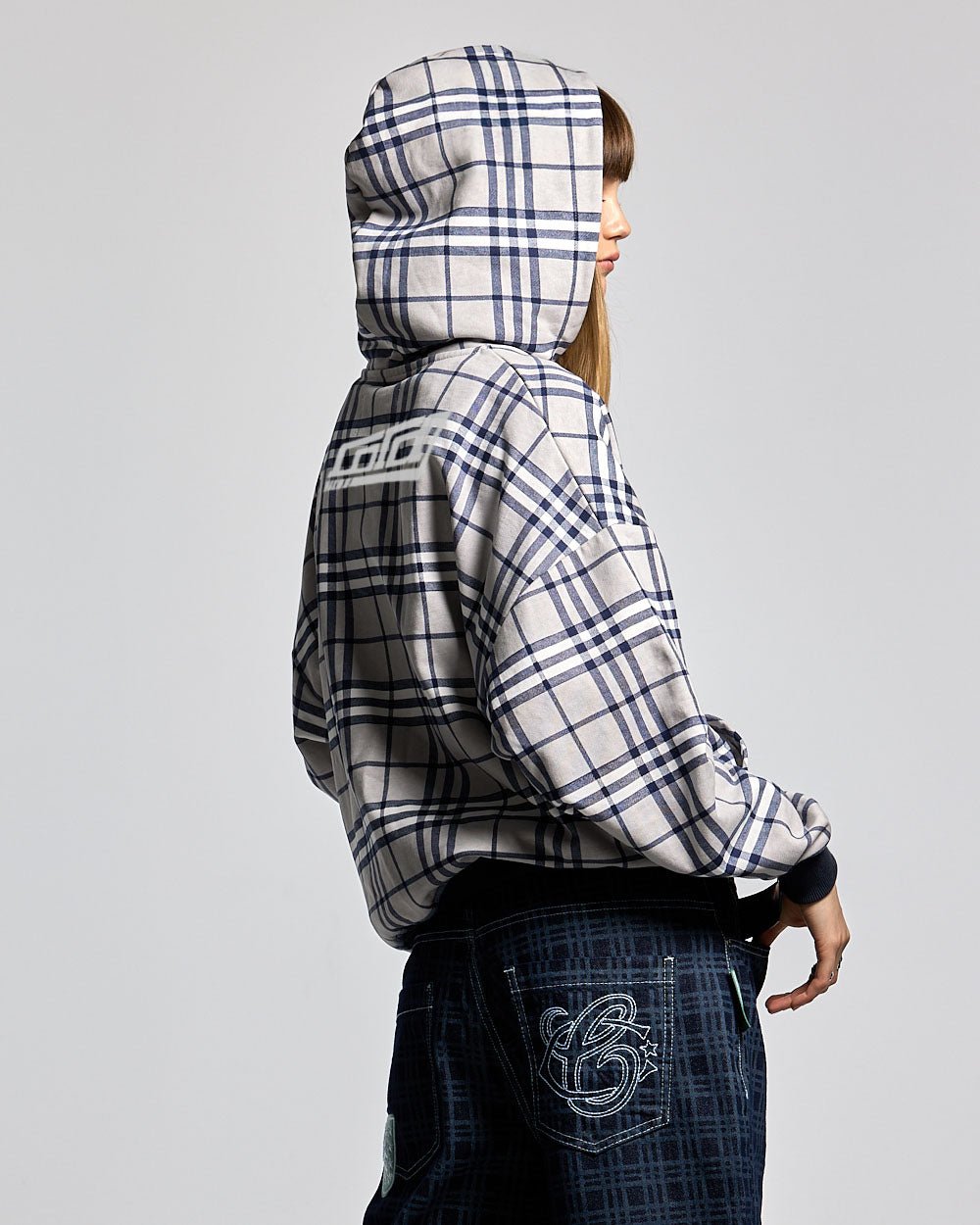 GRID ZIP HOODIE TARTAN DARK BLUE/GREY - COLD CULTURE