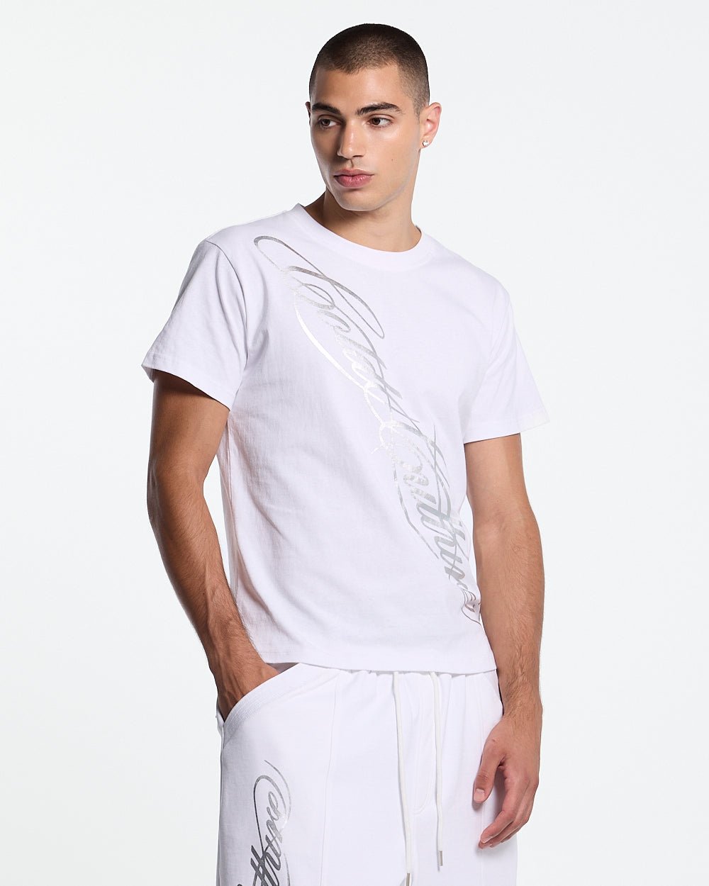 ICON TEE WHITE - white graphic print tee, front view on male model - Cold Culture