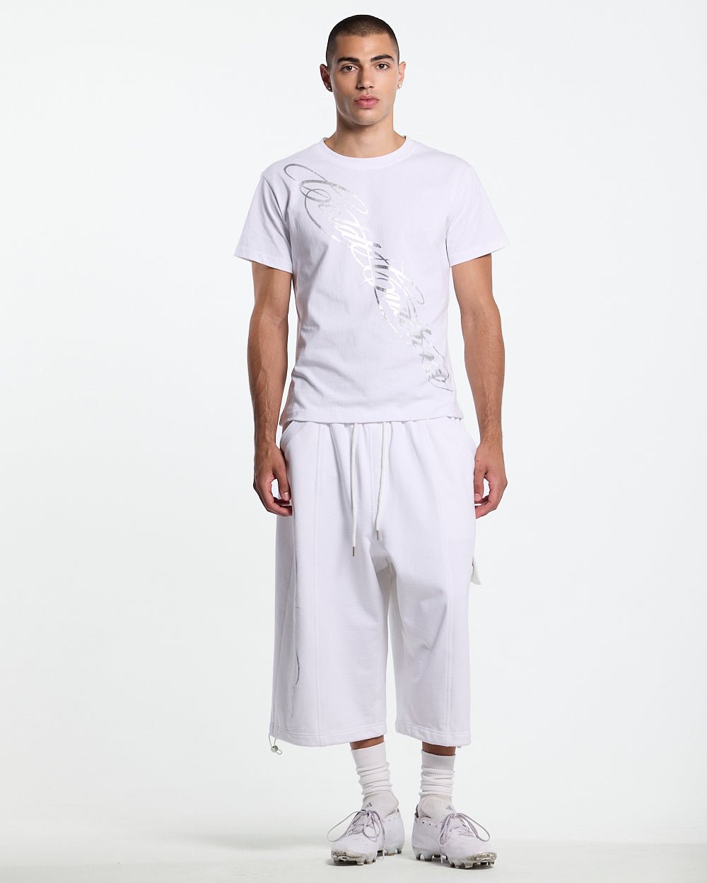 ICON TEE WHITE - white graphic print tee, front view on male model - Cold Culture