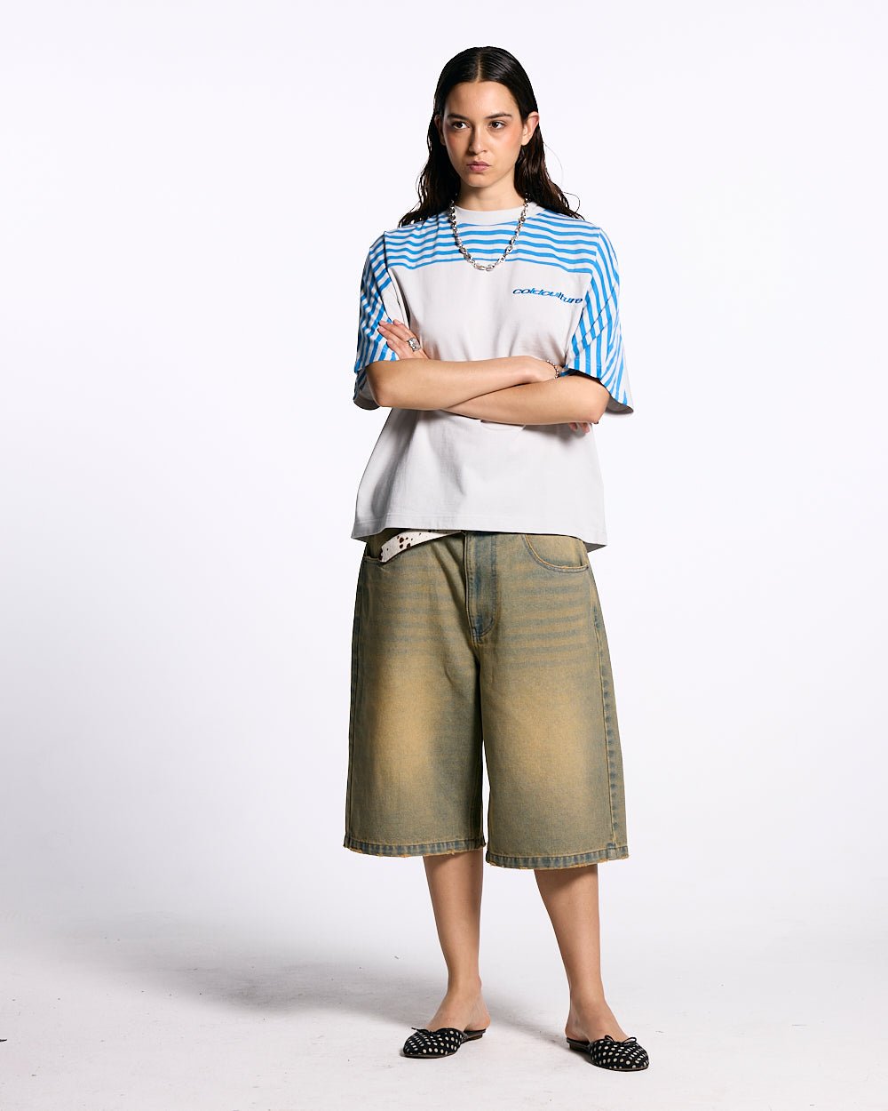 LOLLY HALF STRIPES TEE GREY AND BLUE - COLD CULTURE