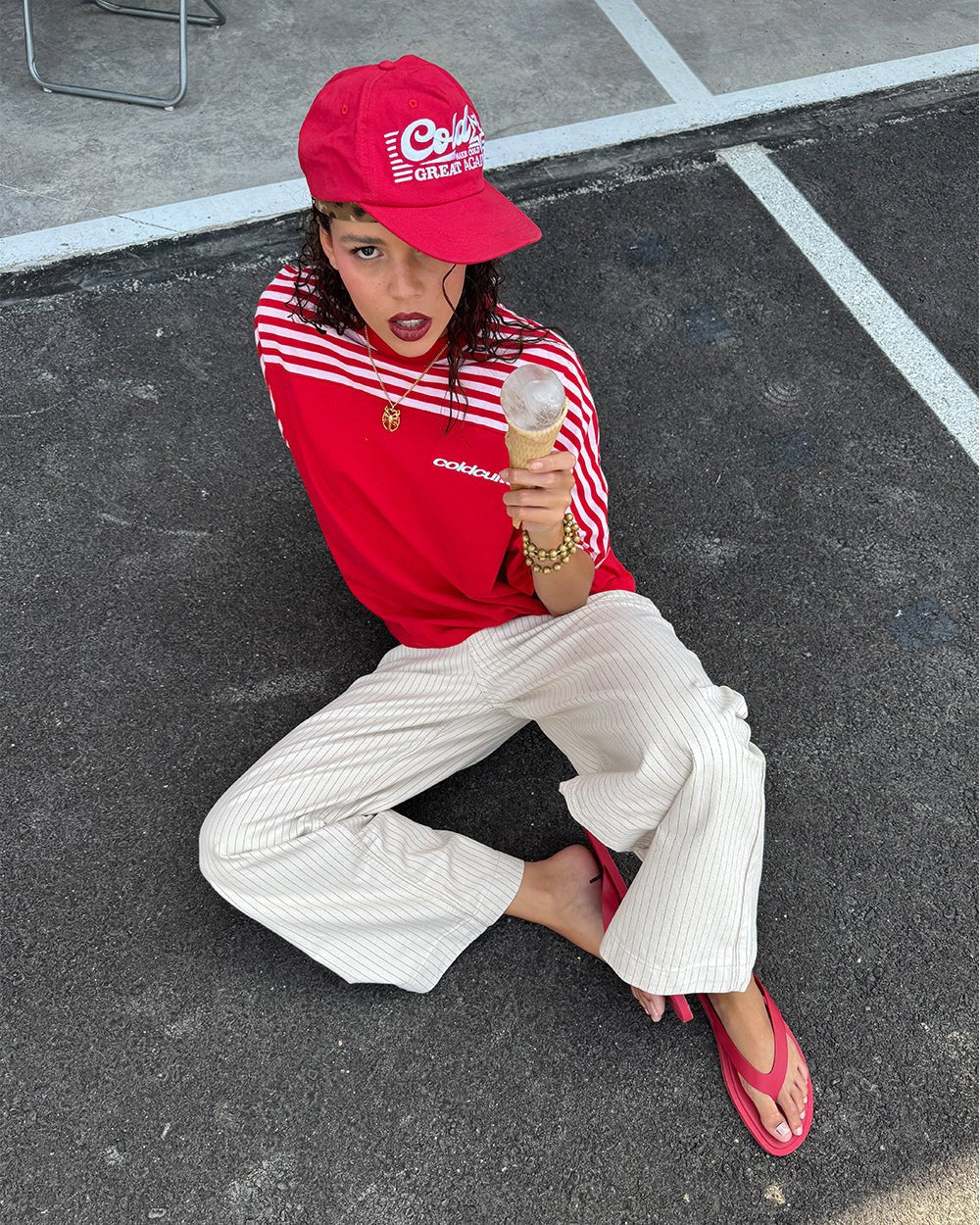 LOLLY HALF STRIPES TEE PINK AND RED - COLD CULTURE