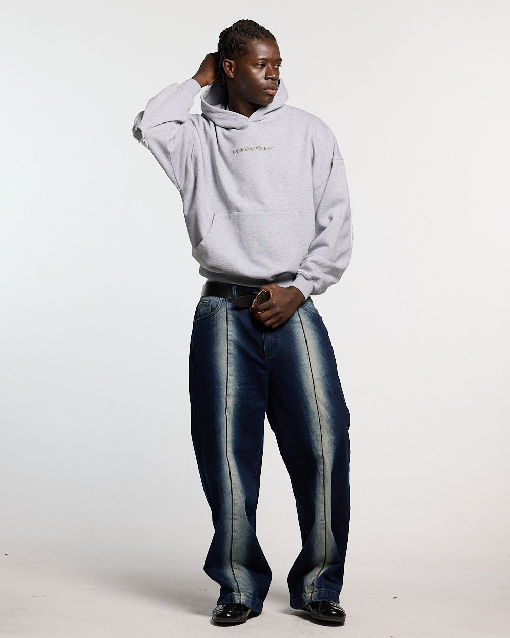 DISTRESS CURVED HOODIE LIGHT GREY