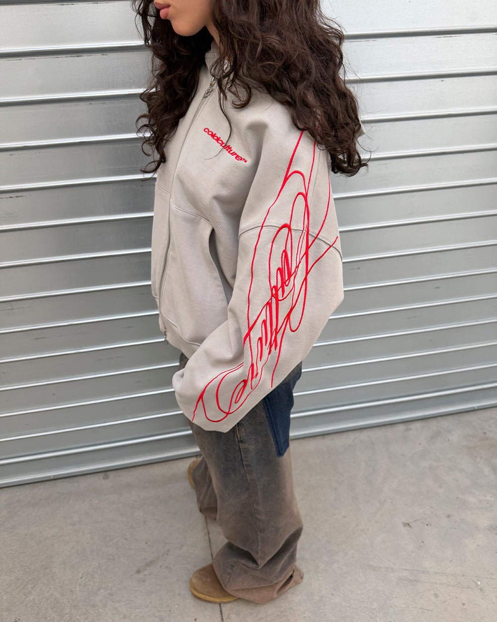 NEW SCRIPT ZIP HOODIE GREY & RED - Cold Culture
