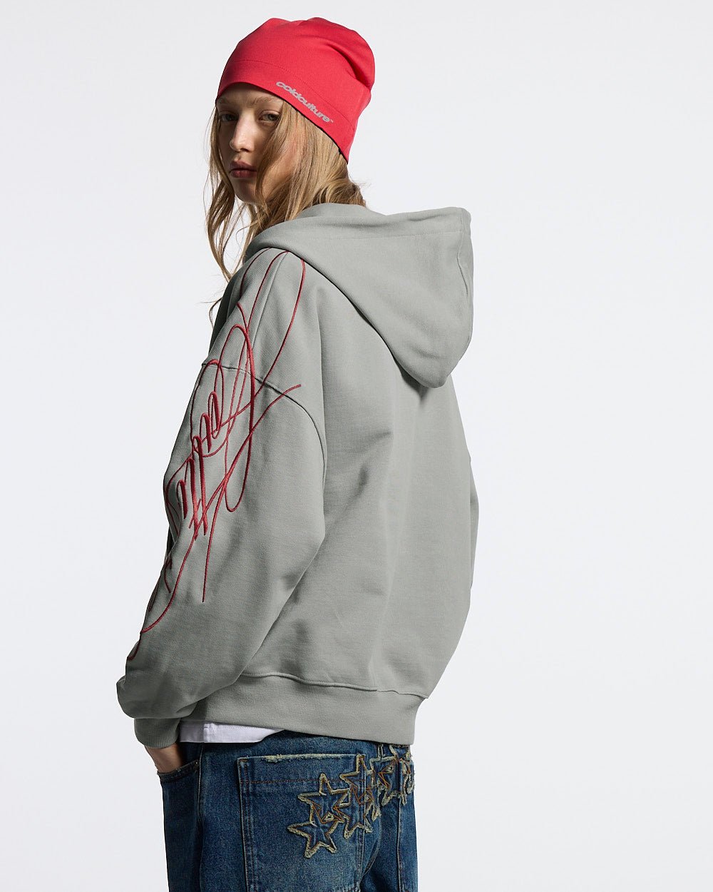 NEW SCRIPT ZIP HOODIE GREY & RED - Cold Culture