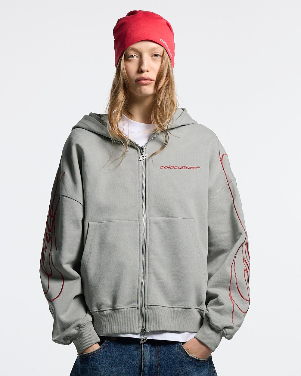 0TRUE ZIP HOODIE RED XS ×グレー　XS NEW SCRIPT ZIP HOODIE GREY & RED