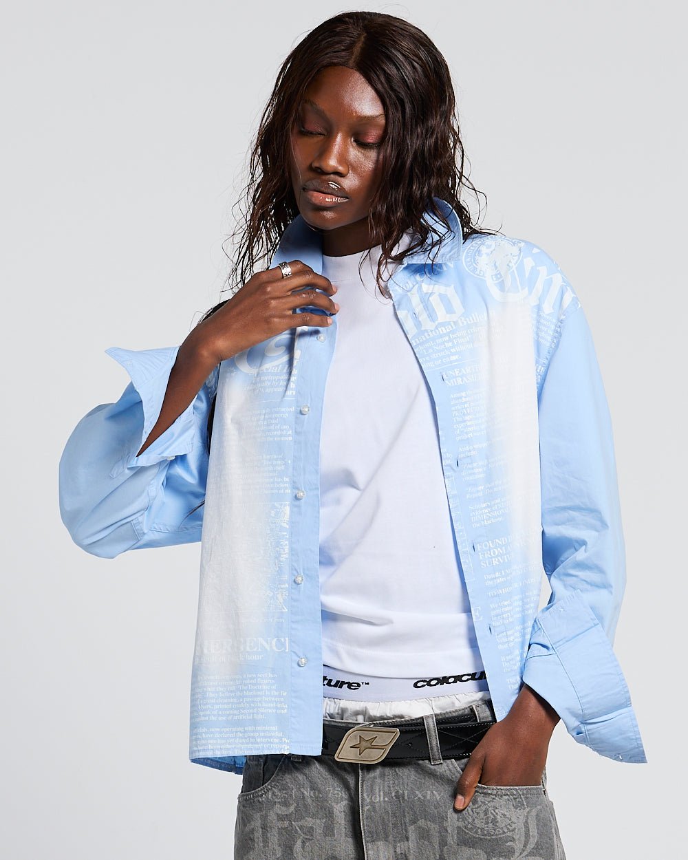 NEWSPAPER LONGSLEEVE SHIRT BABY BLUE - Cold Culture