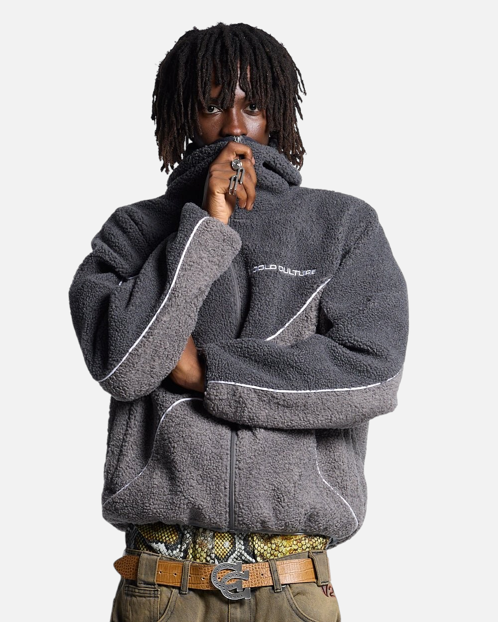NO RISK FLEECE JACKET HEAVY GREY/DUST GREY - grey two-tone fleece jacket, front view on male model - Cold Culture #man