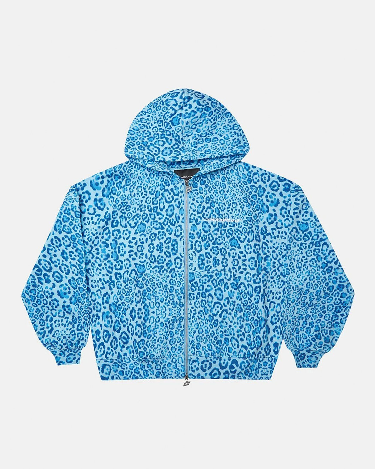 NOCTURNE BEAST ZIP HOODIE BLUE - blue leopard print zip-up hoodie, front view - Cold Culture #packshot