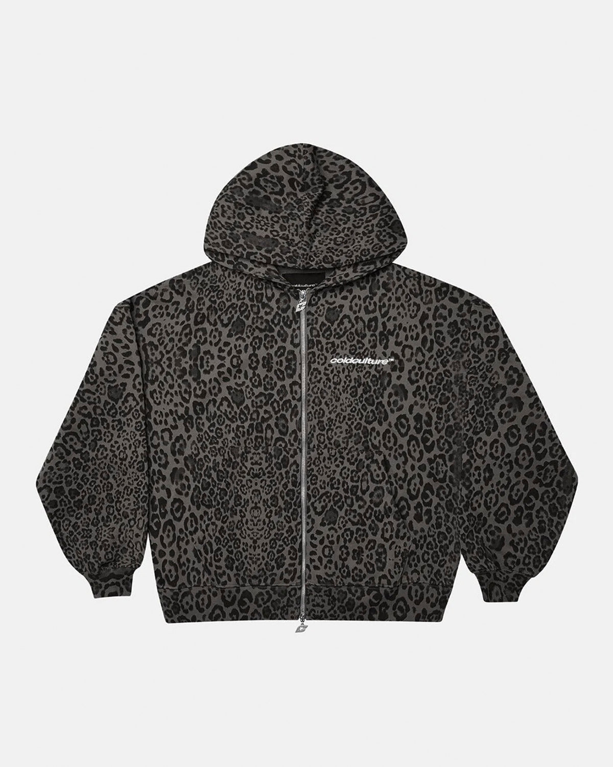 NOCTURNE BEAST ZIP HOODIE DARK GREY - dark grey leopard print zip-up hoodie, front view - Cold Culture #packshot