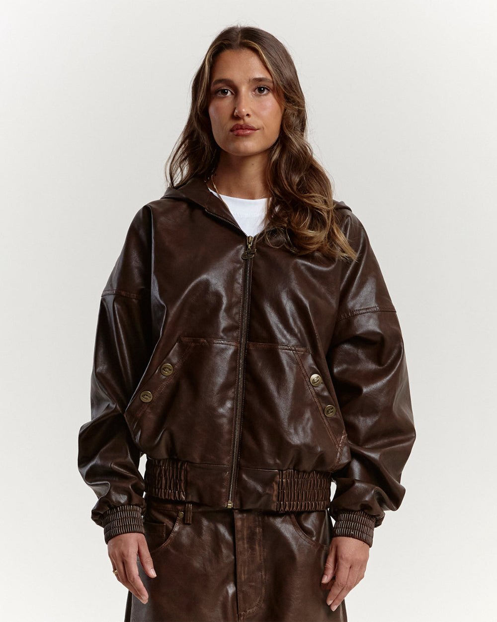 PLUS HOODED JACKET BROWN LEATHER - COLD CULTURE