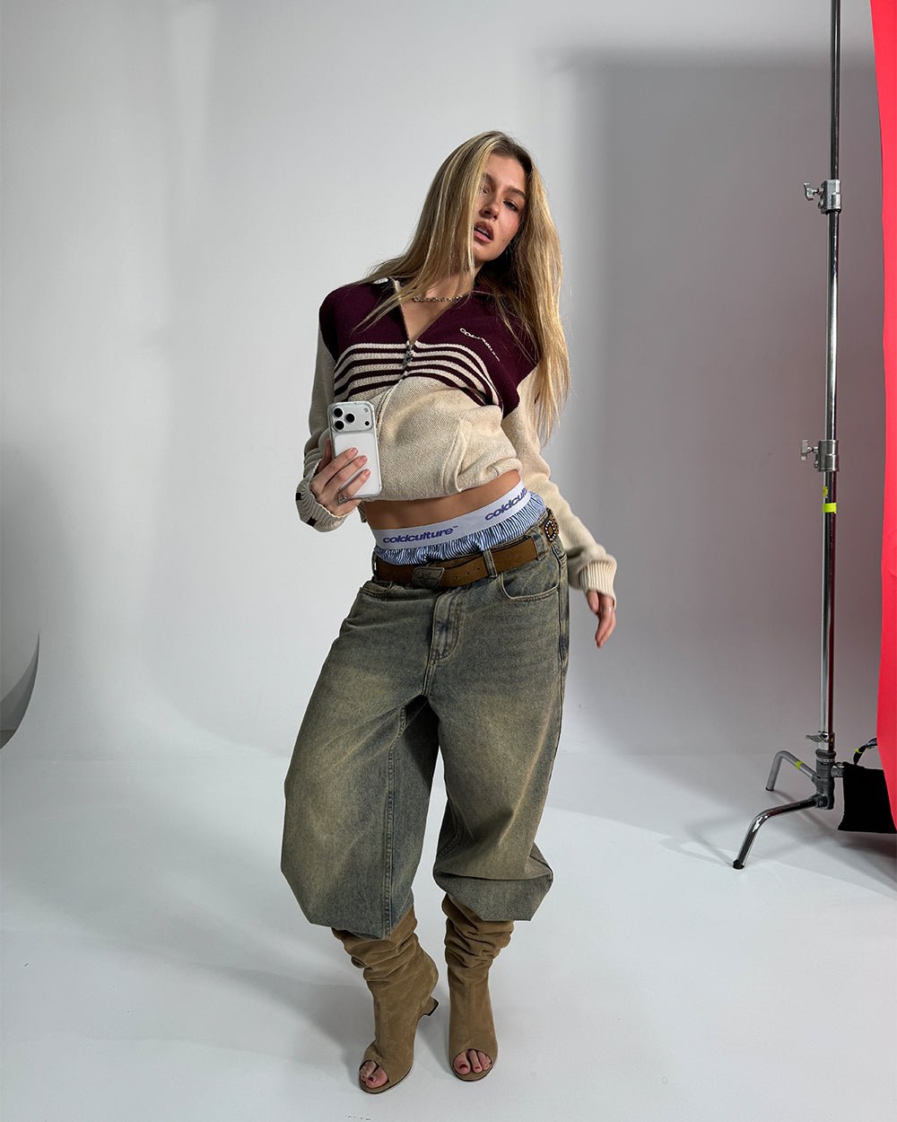 POWERLINE ZIP KNIT BEIGE & BURGUNDY - Cold Culture