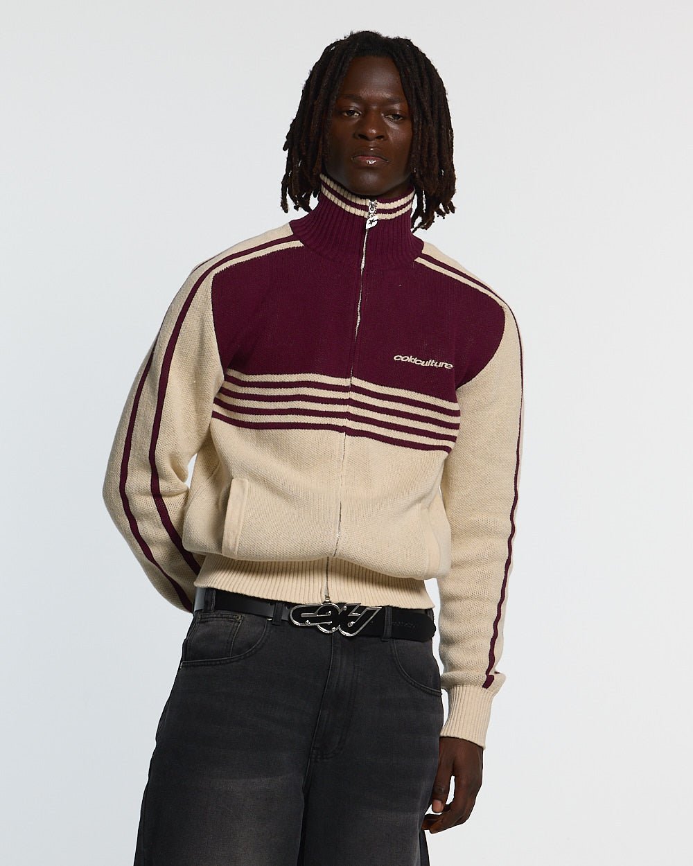 POWERLINE ZIP KNIT BEIGE & BURGUNDY - Cold Culture