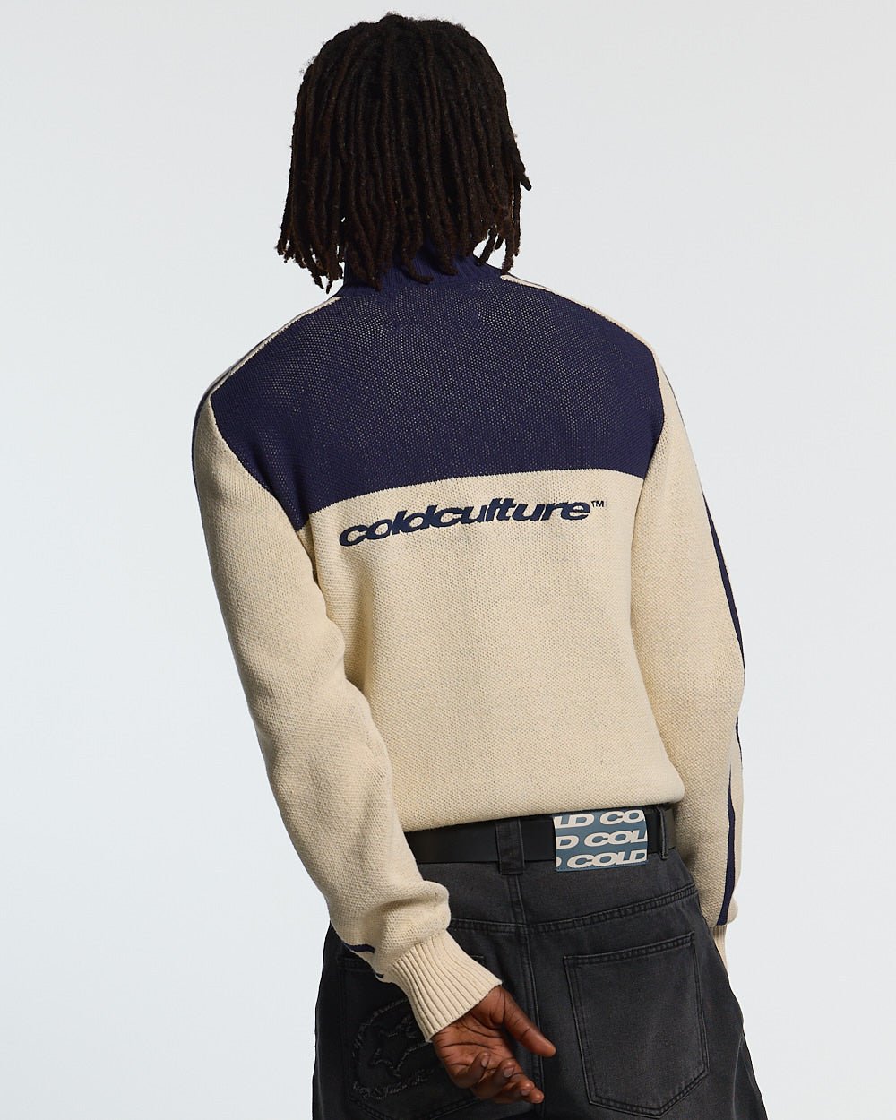 POWERLINE ZIP KNIT BEIGE & DARK BLUE - Cold Culture
