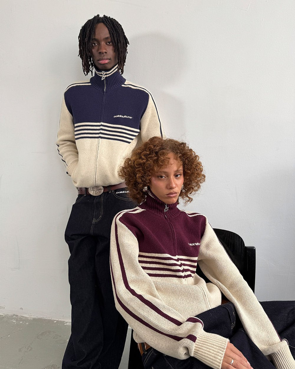 POWERLINE ZIP KNIT BEIGE & DARK BLUE - Cold Culture