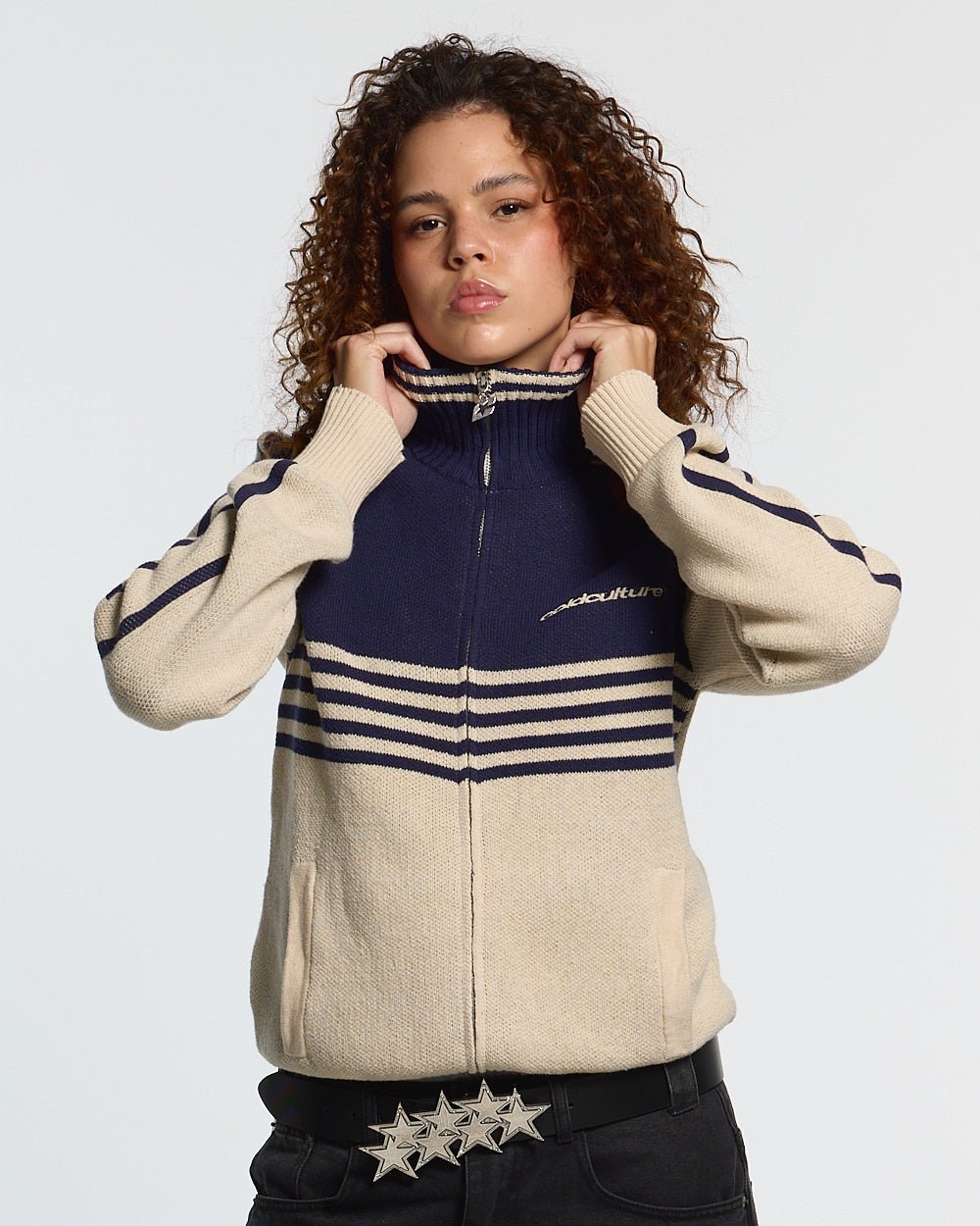 POWERLINE ZIP KNIT BEIGE & DARK BLUE - Cold Culture