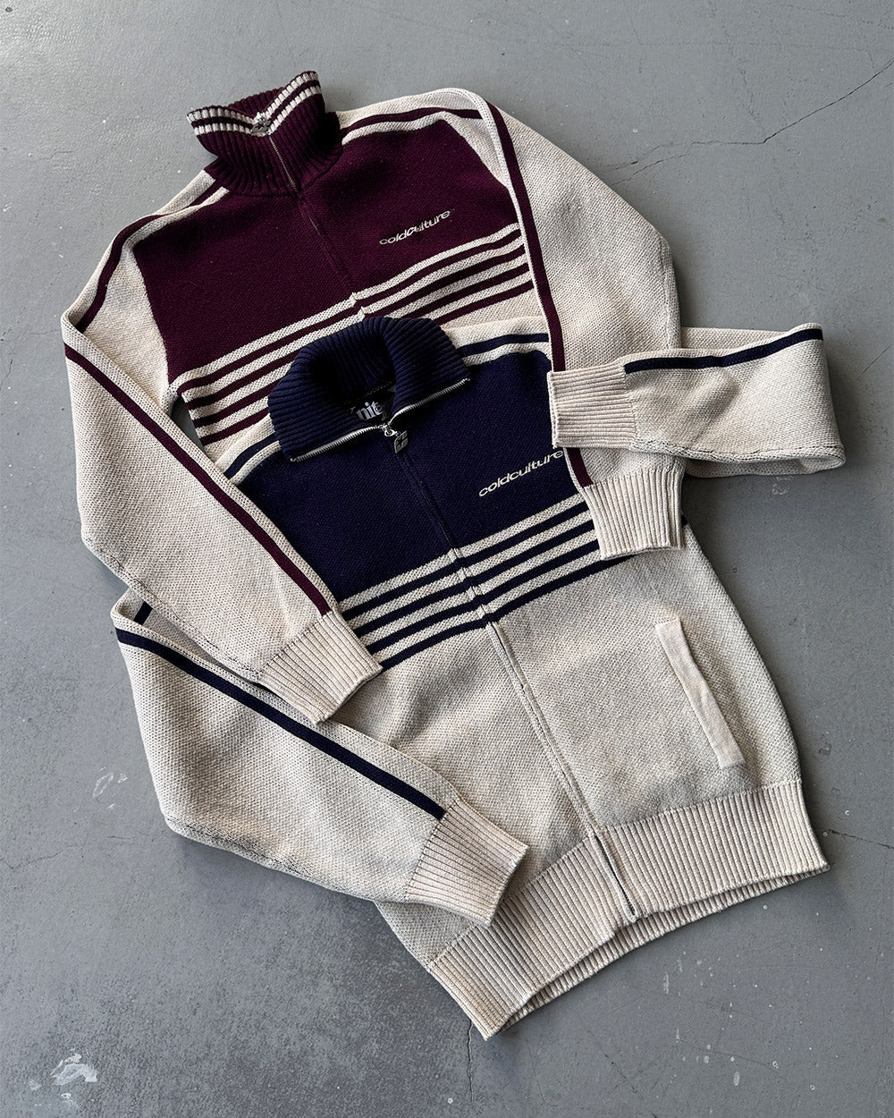 POWERLINE ZIP KNIT BEIGE & DARK BLUE - Cold Culture