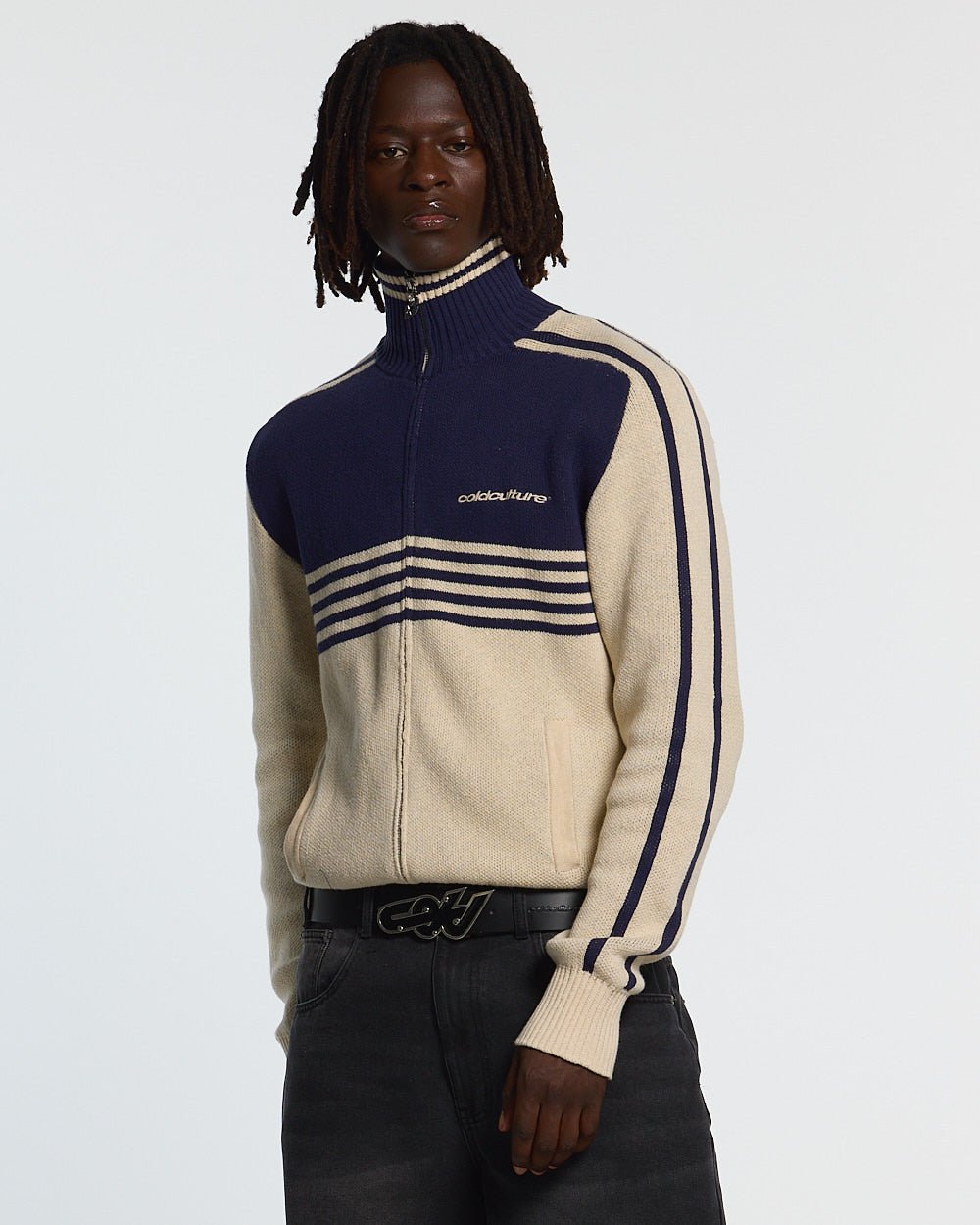 POWERLINE ZIP KNIT BEIGE & DARK BLUE - Cold Culture
