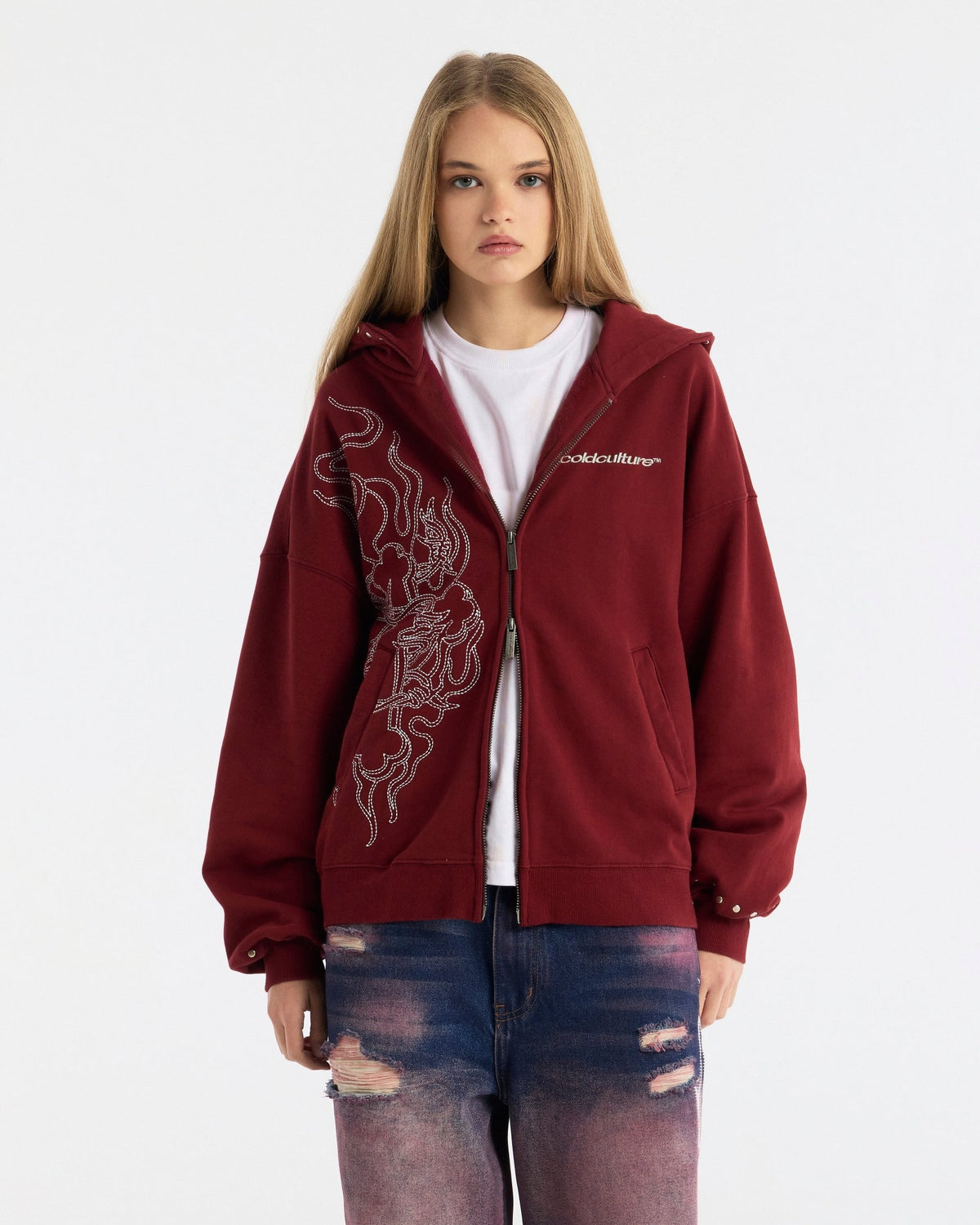RAW ZIP HOODIE RED - Cold Culture