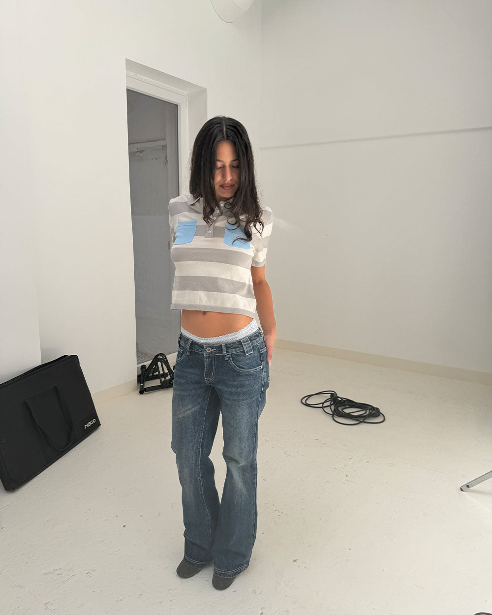 RIVETED STRIPE POLO KNIT WOMAN GREY - Cold Culture