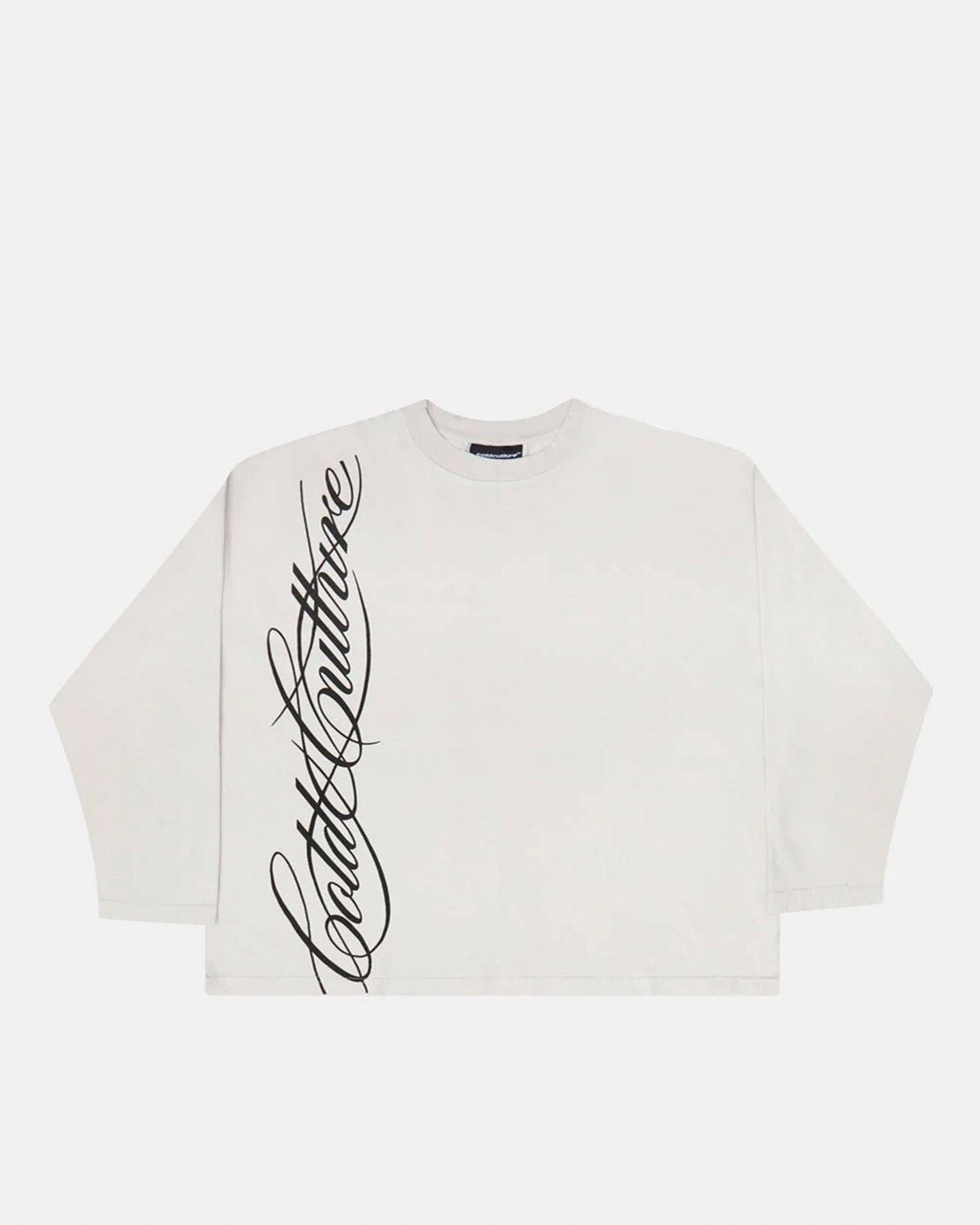 SCRIPT LONGSLEEVE TEE LIGHT GREY - light grey script print longsleeve tee, front view - Cold Culture #packshot