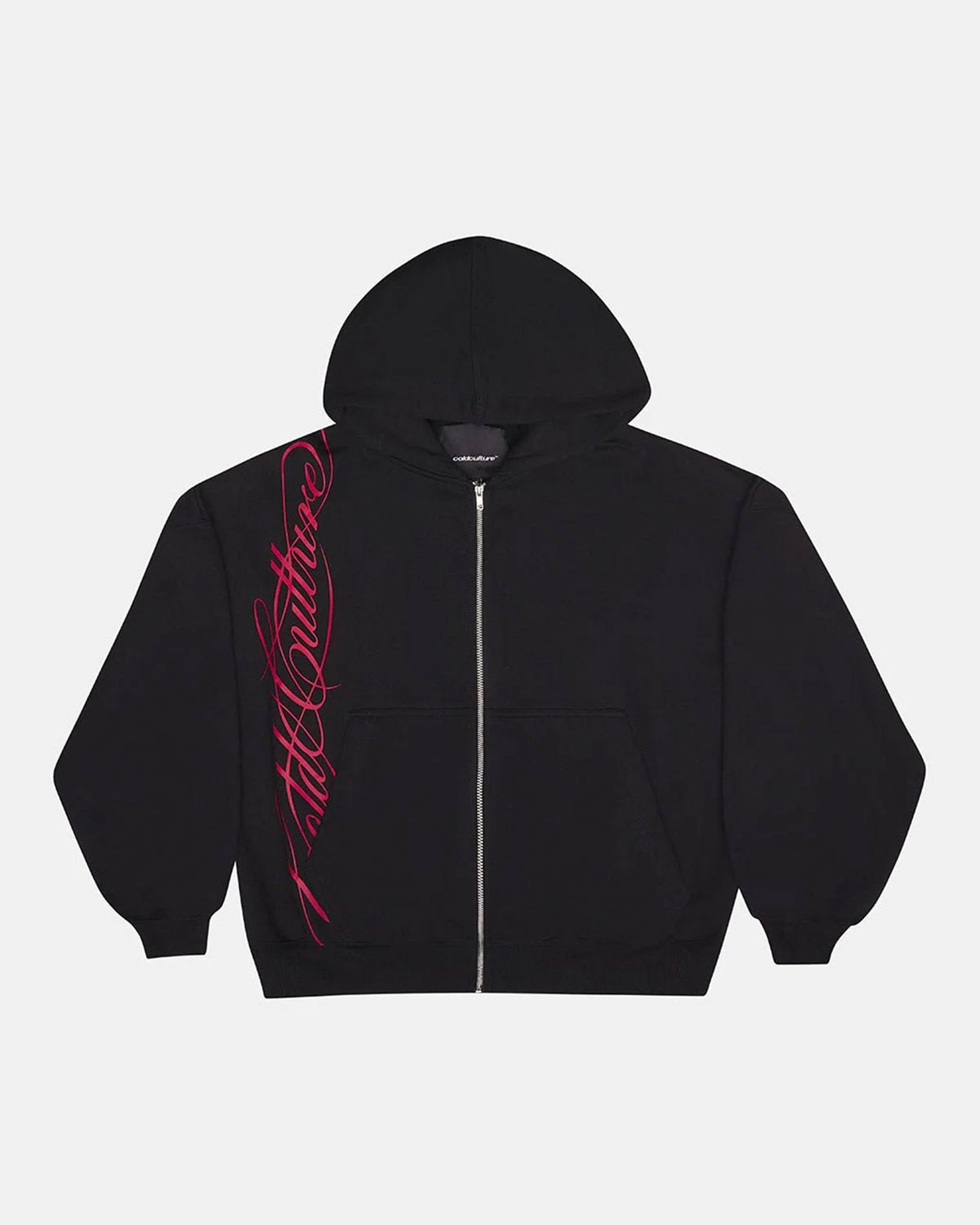 SCRIPT ZIP HOODIE BLACK - black graphic print zip-up hoodie, front view - Cold Culture #packshot