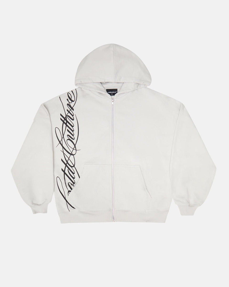 SCRIPT ZIP HOODIE LIGHT GREY