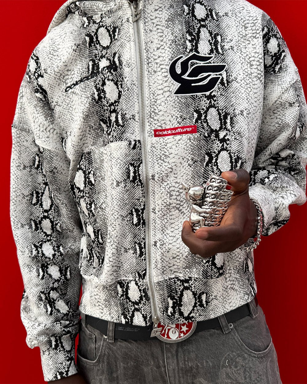 SNAKE ZIP HOODIE WHITE & BLACK - Cold Culture