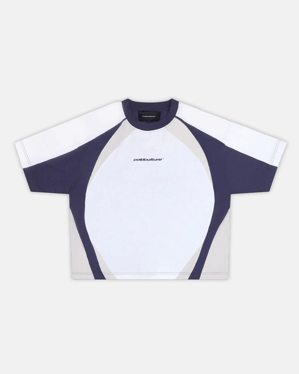 SPEED SPOKE TEE BLUE - navy and white panelled tee, front view - Cold Culture