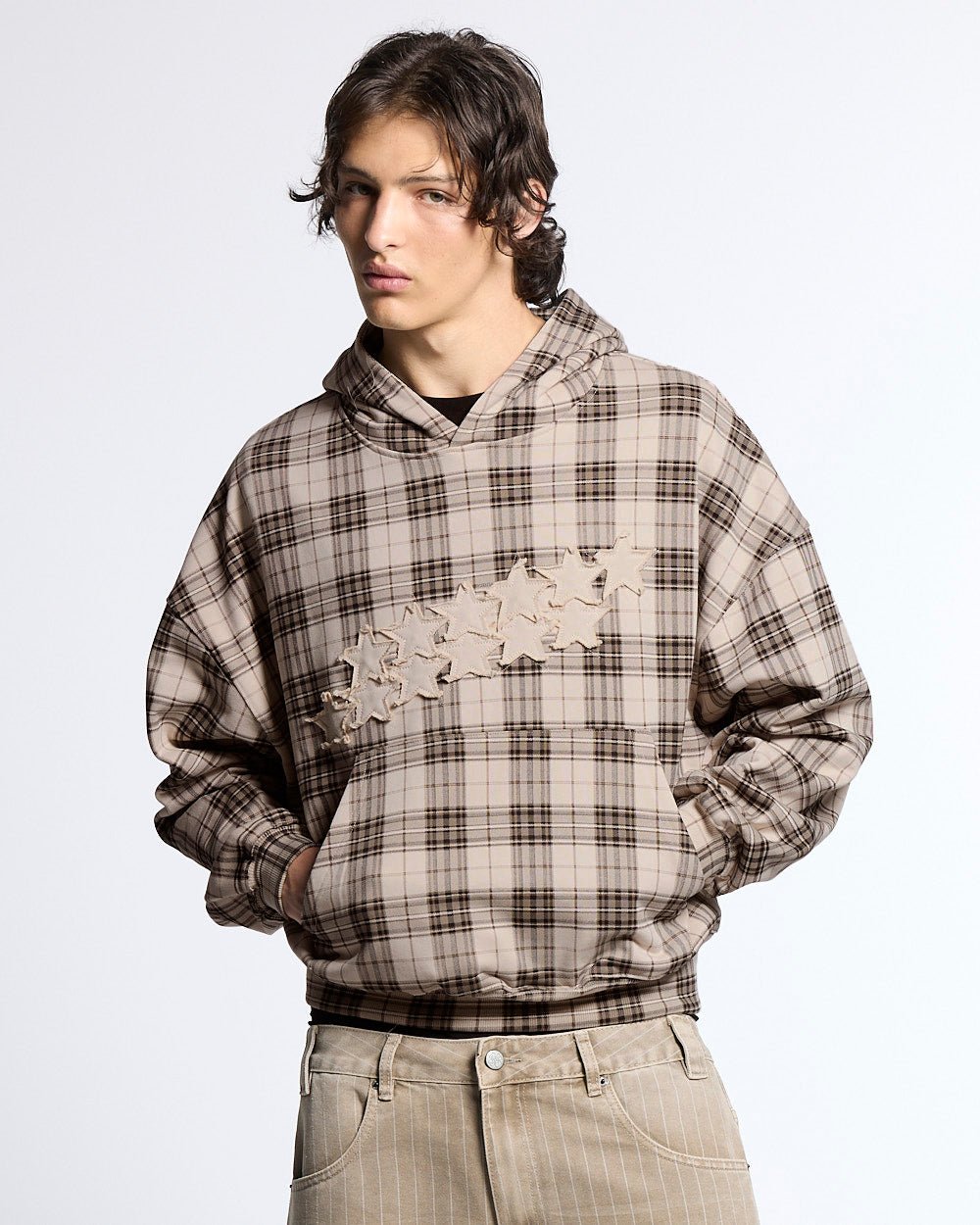 STARS TARTAN HOODIE BEIGE - Cold Culture