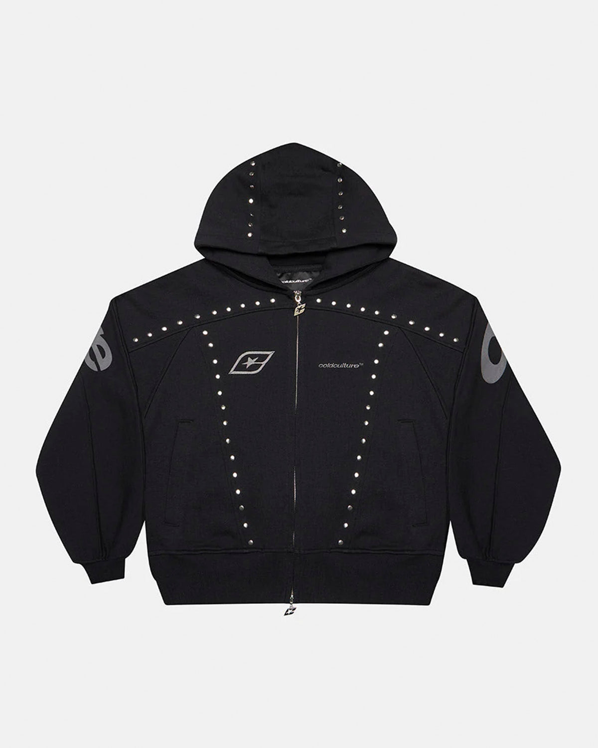 STUD ZIP HOODIE BLACK - black studded zip-up hoodie, front view - Cold Culture #packshot