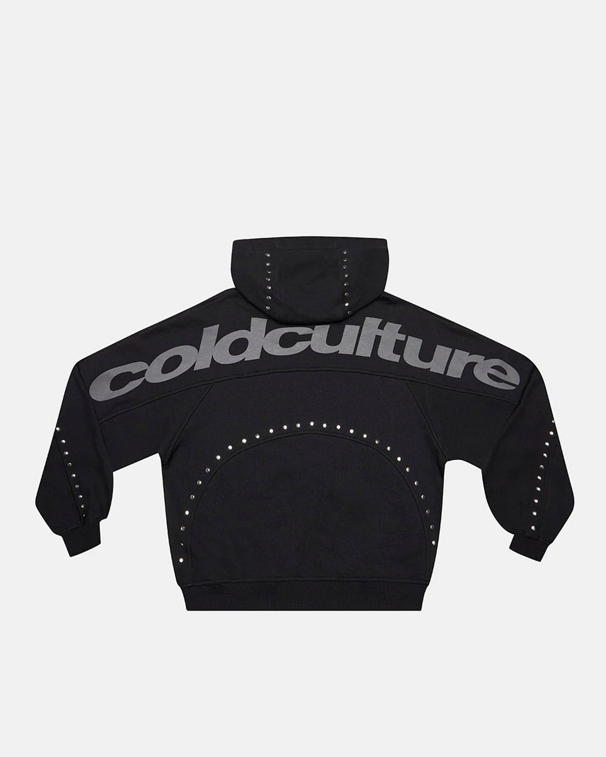 STUD ZIP HOODIE BLACK - black studded zip-up hoodie, back view - Cold Culture #packshot