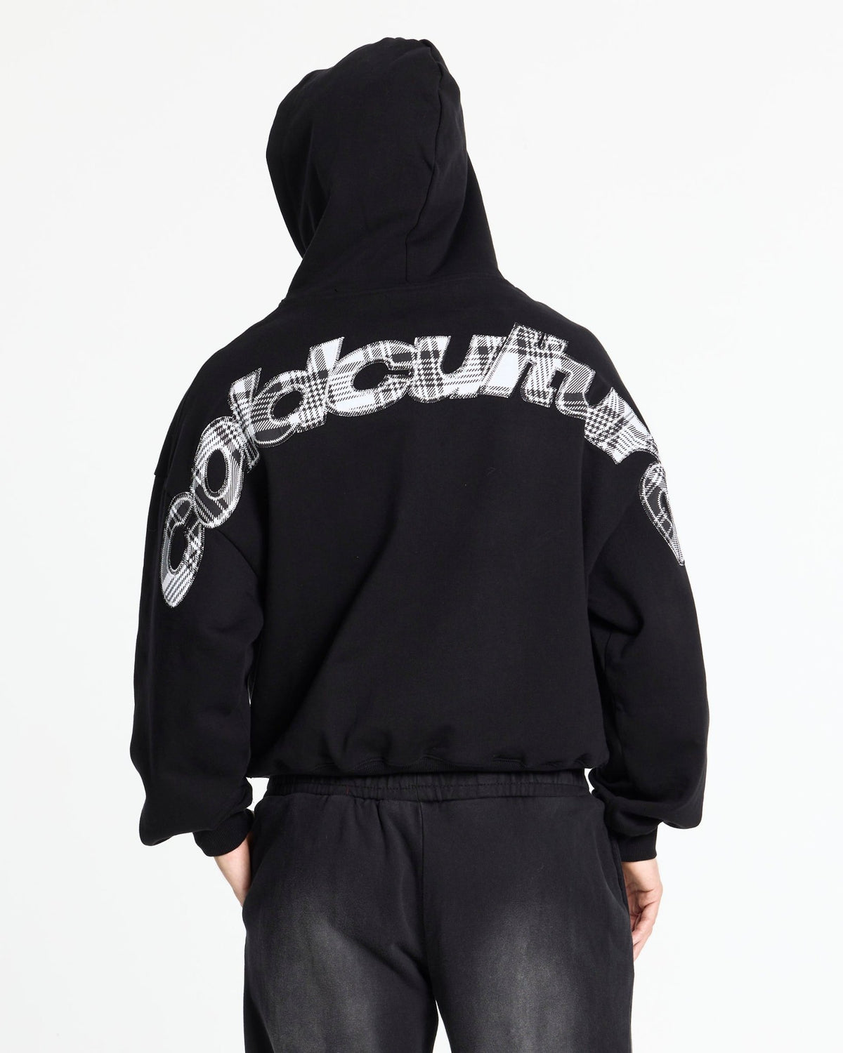 TARTAN CURVED HOODIE BLACK - Cold Culture