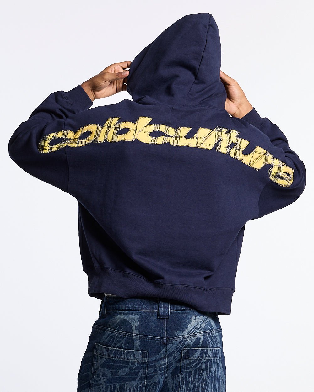 TARTAN DISTRESS CURVED ZIP HOODIE BLUE - Cold Culture
