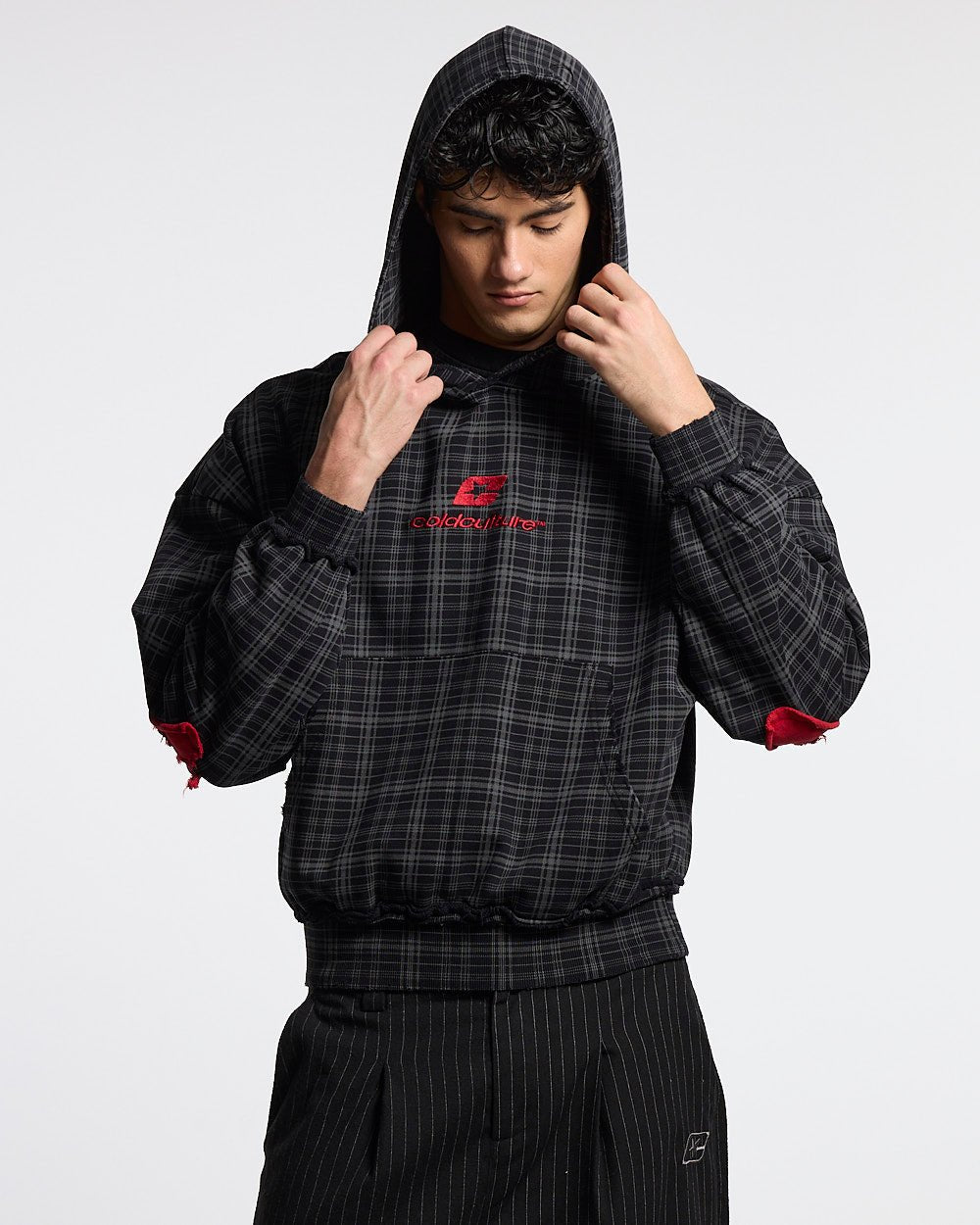 TARTAN HOODIE BLACK, GREY & RED - Cold Culture