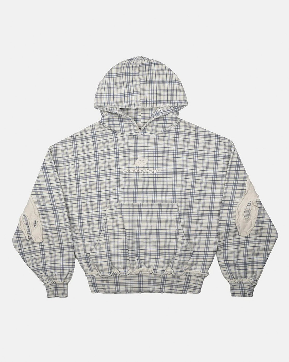TARTAN HOODIE WHITE & MIX OF BLUES - white and blue tartan hoodie, front view - Cold Culture #packshot