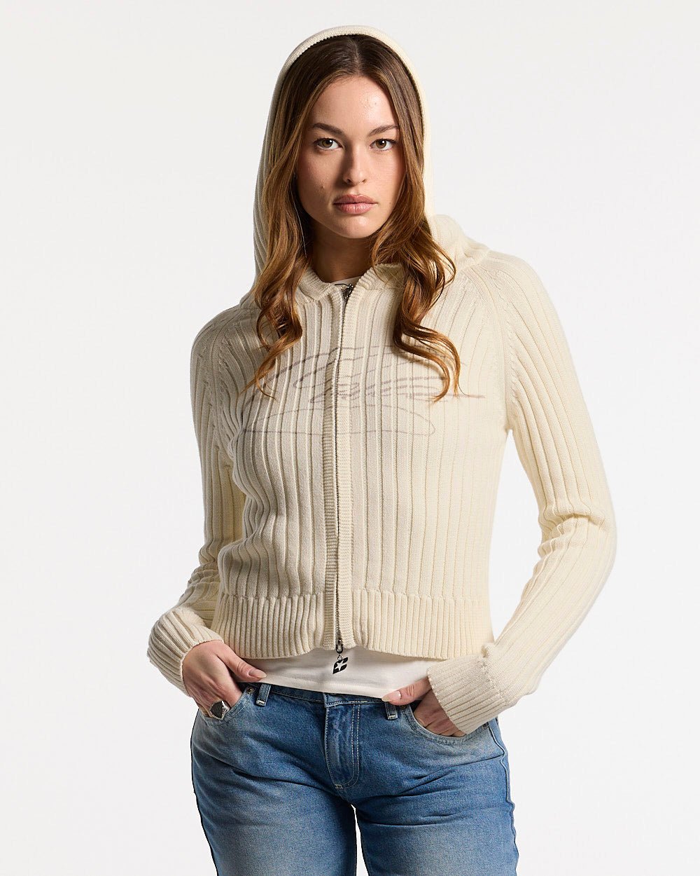 TRACK HOOD ZIP KNIT OFF - WHITE - Cold Culture