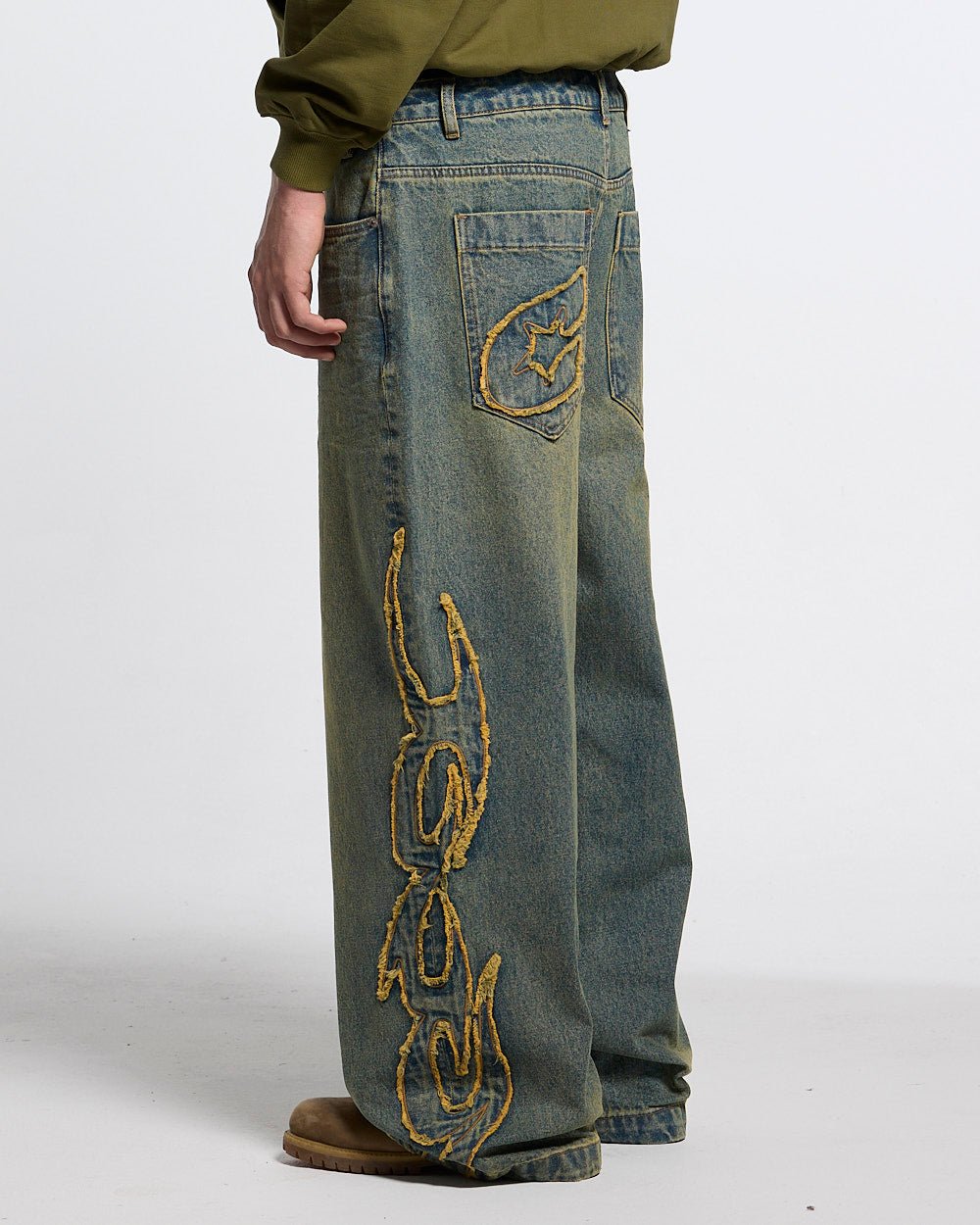 TRIBAL DISTRESSED V2 PANTS GREEN WASHED DENIM - Cold Culture