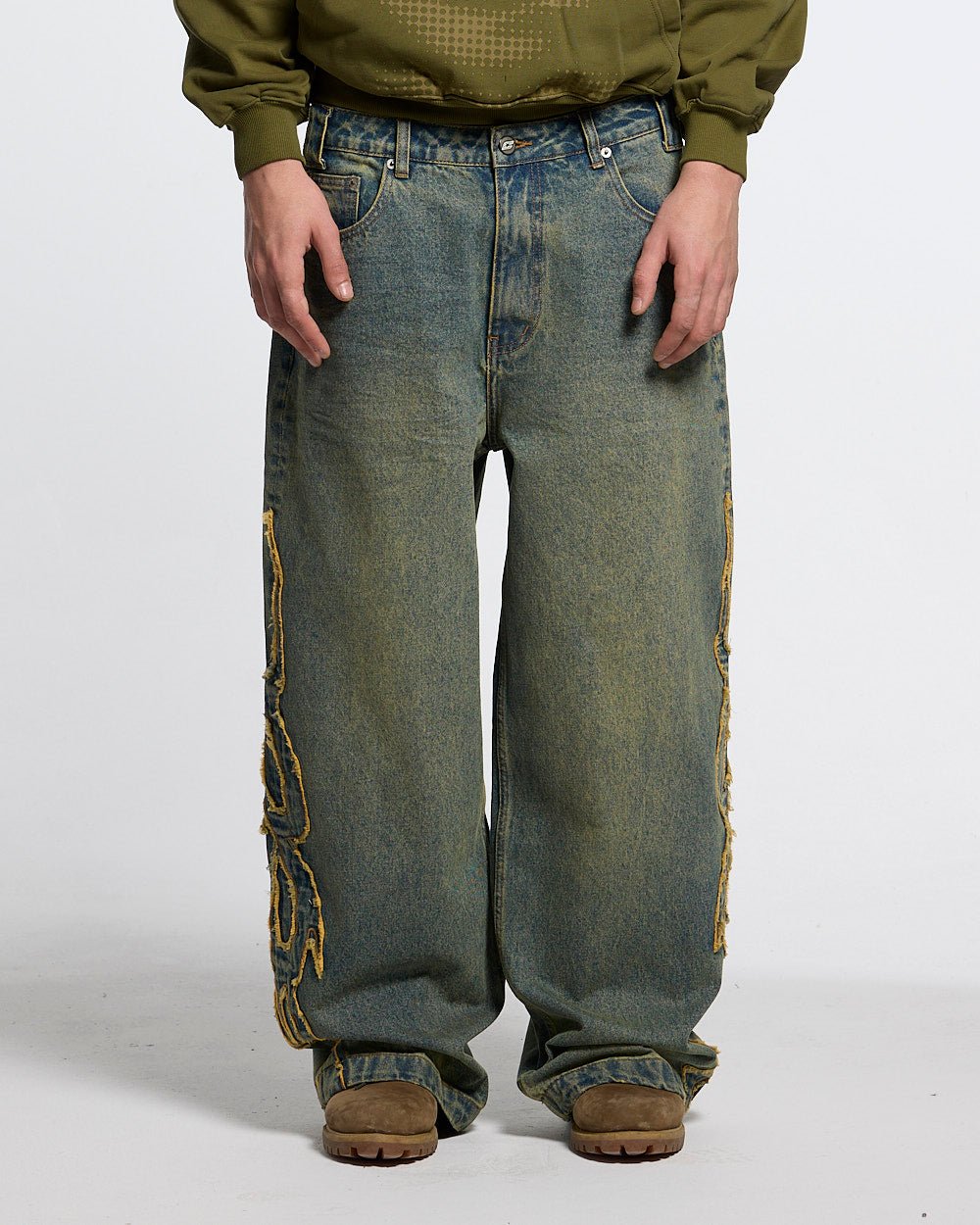TRIBAL DISTRESSED V2 PANTS GREEN WASHED DENIM - Cold Culture